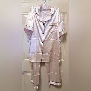 Pale Pink Satin PajamaSet Edged in Black Four Button Top and Pull On Bottoms XL
